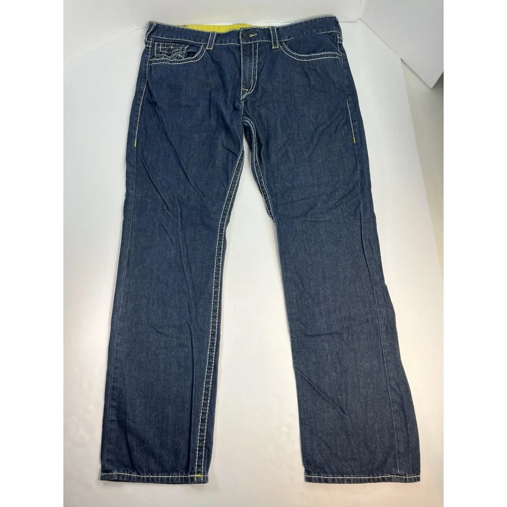 True Religion Ricky Relaxed Straight Jeans Mens 40x33 Dark Wash Flap Pockets